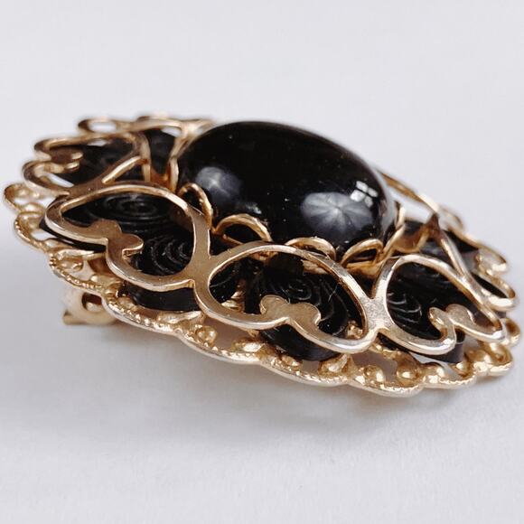 VTG Mid Century Clip On Earrings Gold Tone Filigree Black Cabochons 1950s - Picture 3 of 11